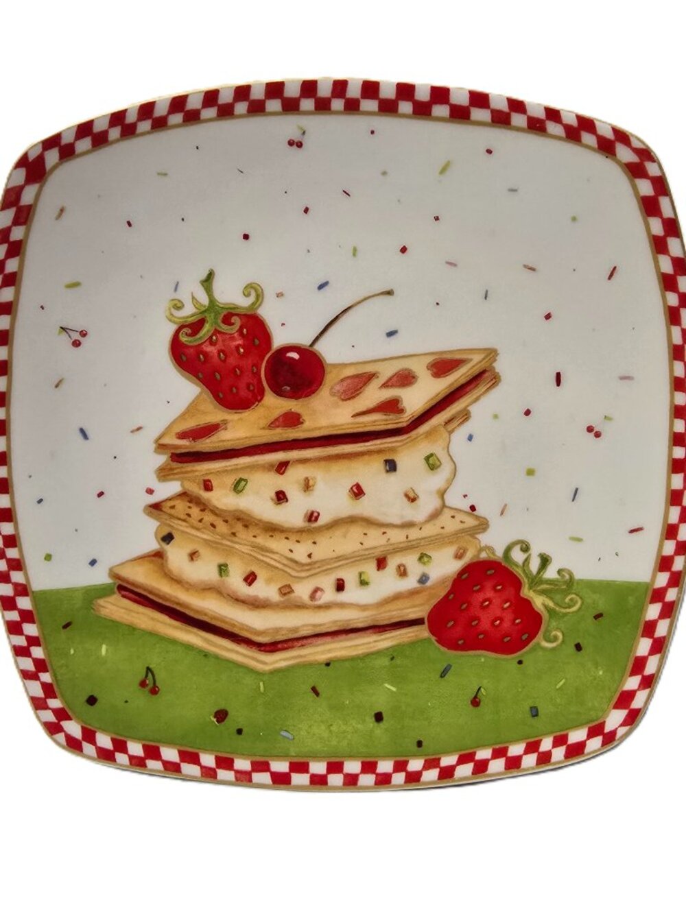 222 Fifth Sweet Confetti Plate Square Strawberry Shortcake Dessert Gingham Red